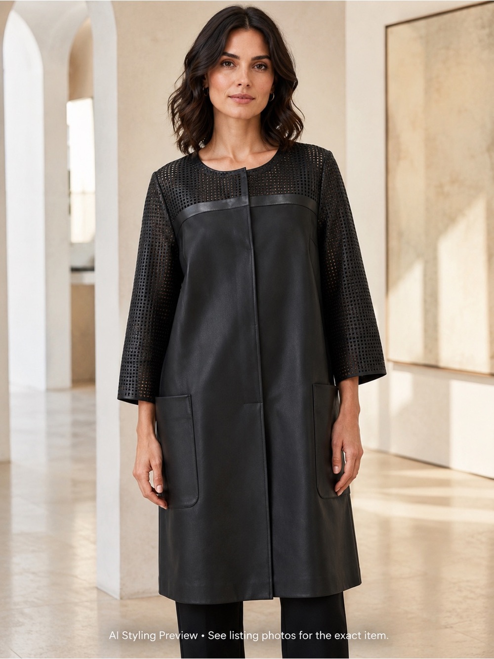 Nisse US 6 Black Perforated Faux Leather Long Coat Jacket Oversized